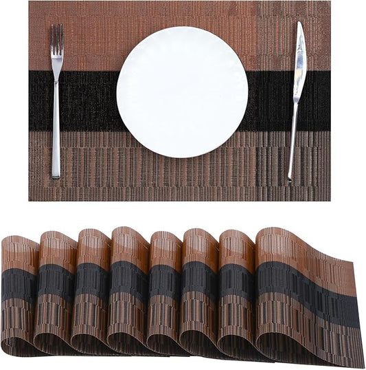 Leetaltree Brown with Black Striped Placemats Set of 8 - Heat Resistant Non-Slip Place mats for Dining Table, Washable Durable PVC Vinyl Woven Table Mats(Brown Stripe, 8)
