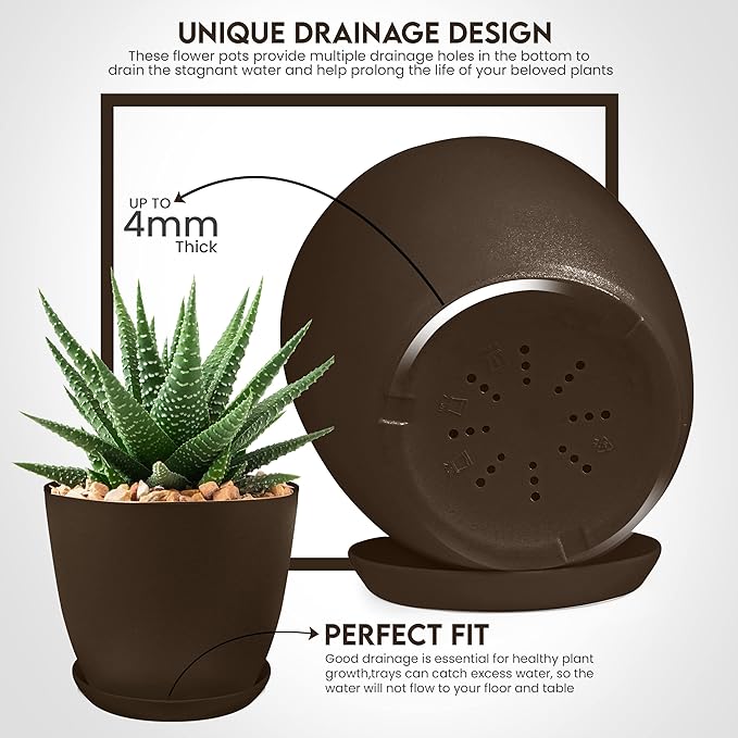 Utopia Home Plastic Planters - Flower Nursery Pots Indoor Modern Decorative Plastic Pots for Plants, Succulents, Flowers, and Cactus (5 Pack, Multisize, Brown)