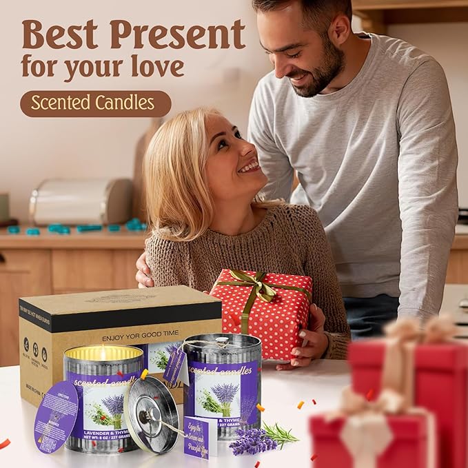 Vintage Scented Candles Gift Set (2 x 8 oz) - Lavender & Thyme Aromatherapy Candle, Natural Soy Wax Candle, (2 x40) Hours Burn, 8% Fragrance Oil, Holiday Gifts for Home Decor, Relaxation & Christmas