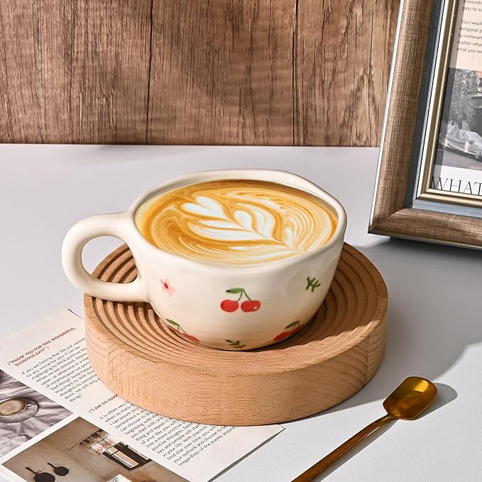 Koythin Ceramic Coffee Mug, Handmade Hot Chocolate Mugs, Cute Cup for Girl Women, Aesthetic Tea Milk Cup with Handle, 8.5 oz/250 ml for Latte, Cocoa, Office, Home (Cherry Flower)