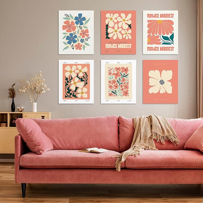 Habseligkeit Pink Flower Market Posters for Room Decor, Abstract Floral Wall Art Prints, Minimalist Wall Decor, Vintage Posters for Girls Room Aesthetic (8x10 UNFRAMED Set of 6)