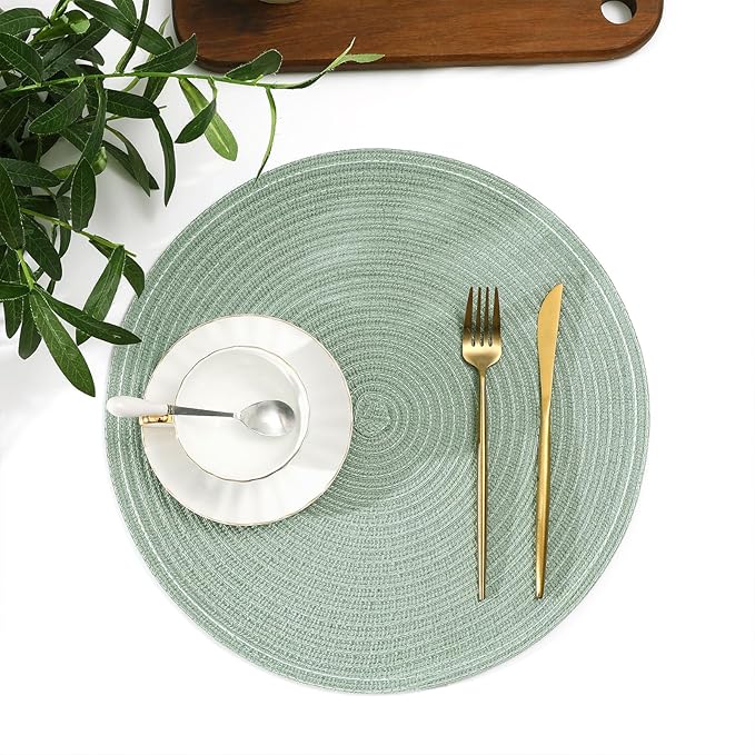 SHACOS Round Placemats Set of 4 Woven Braided Table Placemats 15 inch Cotton Polyester Place Mats Washable Table Mats Indoor Outdoor, Sage Green