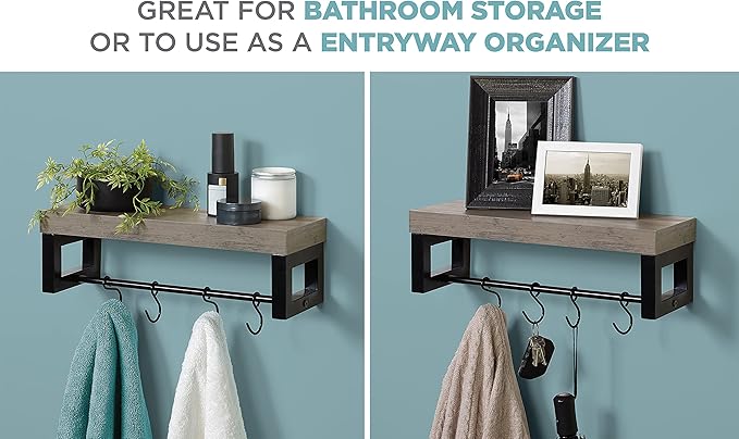 Zenna Home Wall Mounted Storage Shelf, Wood Shelf with Towel Bar and 4 Adjustable Hooks, Easy to Assmble Shelving Unit for Small Spaces, Driftwood and Matte Black Finish