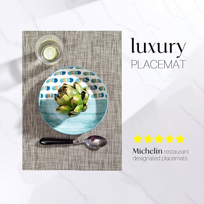 LEXMORE Placemats Set of 6 Vinyl/Plastic Woven Place Mats for Kitchen Table Indoor/Outdoor Washable Placemat Wipeable Dining Table Mats(Cappuccino)