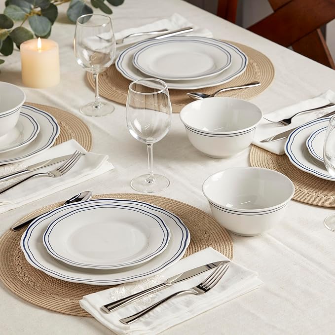 Tabletops Gallery 12-Piece White with Blue Striped Ceramic Dinnerware Set of Kitchen Dishes, Scalloped Dinner Salad Plates Cereal Bowls, Service for 4, Vintage Stripe