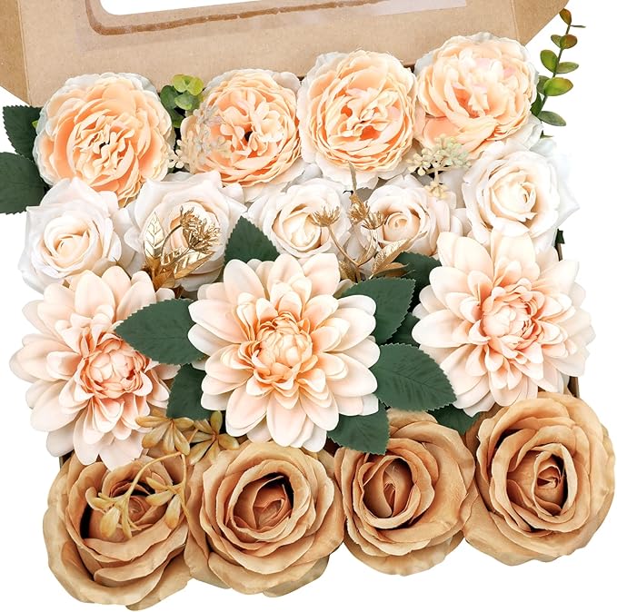 AmyHomie Champagne Nude Artificial Flowers Combo Silk Mix Peony Rose Daisy Fake Flowers w/Stem for DIY Wedding Bouquets Centerpieces Arrangements Table Decor Party Bridal Baby Shower Home Decor
