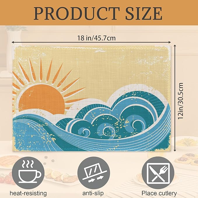 Japanese Style Waves Placemats Set of 6,Washable Heat Resistant 12×18 Inch Linen Table Mats Vintage Landscape Place Mats for Party Outdoor Dining Décor