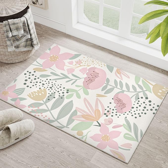 Pink Area Rug 2x3 Washable Boho Entryway Door Mat Non Slip Kitchen Carpet Cute Bedroom Soft Kids Botanical Indoor Accent Rug for Office Dining Room Nursery Bathroom Farmhouse