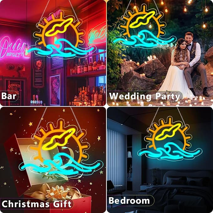 Sunset Neon Sign Seabird Neon Sign for Wall Decor, Neon Wave Sign LED Light Sign, LED Signs for Bedroom Wall, Neon Lights Signs for Man Cave Bedroom, Wedding, Living Room, Party, Bar, USB Powered with Dimmer