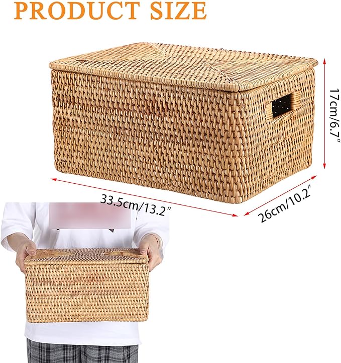 Hipiwe Wicker Storage Bins with Lid Handwoven Rattan Baskets Rectangular Decorative Shelf Baskets Bin with Handles Household Basket Boxes for Home Organizing,13.2"L x10.2"W x6.7"H
