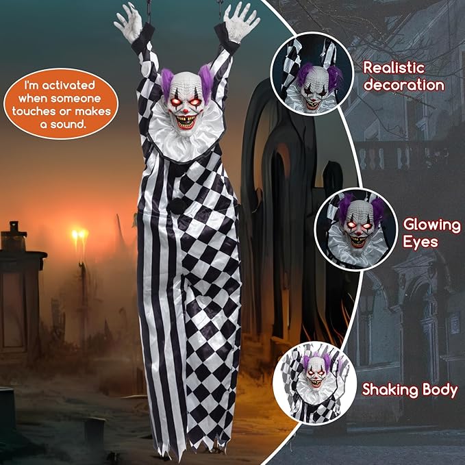 HollyHOME Halloween Animated Hanging Clown with Glowing Eyes Creepy Sound and Shaking Body Halloween Decorations Outdoor Scary Haunted House Outdoor Prop Decor 60'' Black
