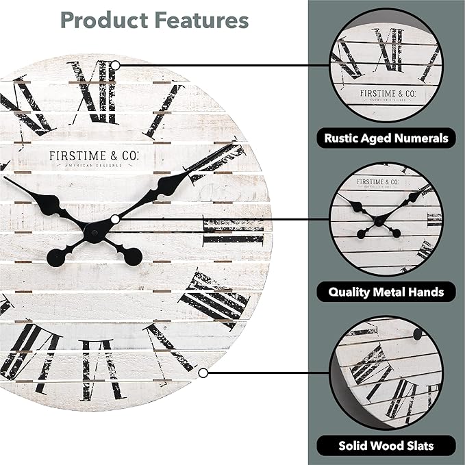 FirsTime & Co. White Farmhouse Shiplap Wall Clock, Large Vintage Decor for Living Room, Home Office, Round, Wood, Boho, 18 inches