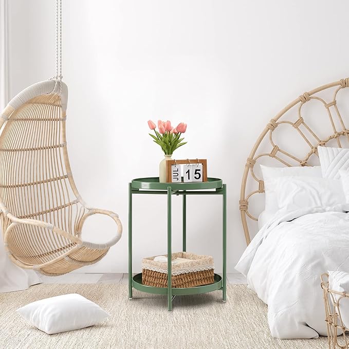 TeoKJ 2 Tier Green Side Table, Folding Round Metal End Table Small Nightstand with Two Removable Tray for Bedroom Living Room Bedside Small Spaces Dark Green