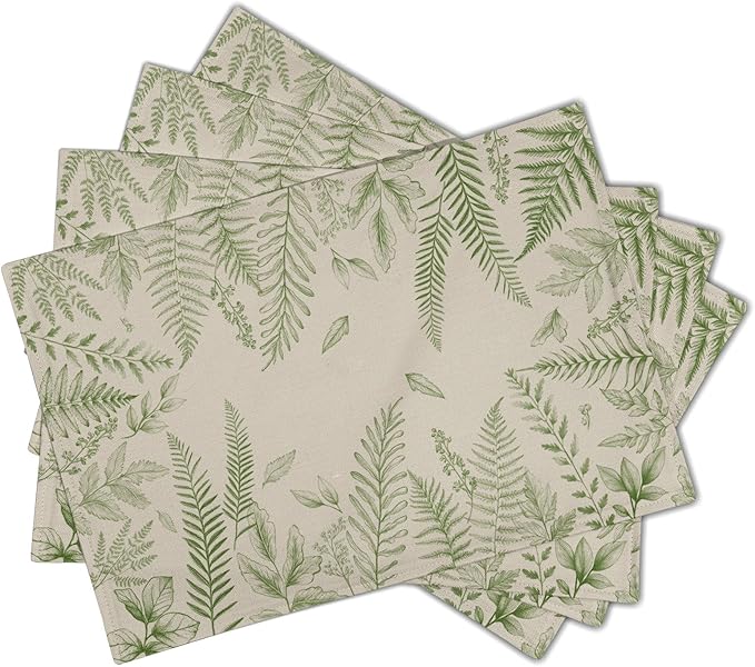 Green Plants Wild Fern Table Mats for Kitchen Set of 4,Green Leaves Botanical Washable Heat-Resistant Linen Fabric Desk Mats 12x18 Inch for Seasonal Home Party Dining Decor
