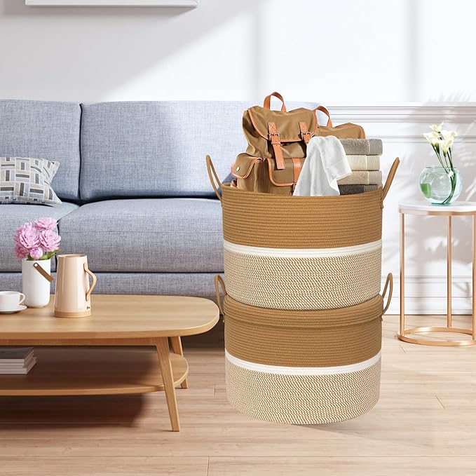 Laundry Basket with Lid, Woven Cotton Rope Laundry Hamper Foldable Storage Organizer Bin Blanket Basket for Comforter, Cushions, Clothes, Pillows, 20.5x20.5x15 Inch, Camel/White