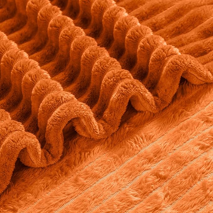 Bnuitland Burnt Orange Flannel Throw Blanket, 300GSM Super Soft Fleece Stripe Pattern Sofa Blanket for Babys and Kids, Lightweight Cozy Bed Throw for Home Decor All Season