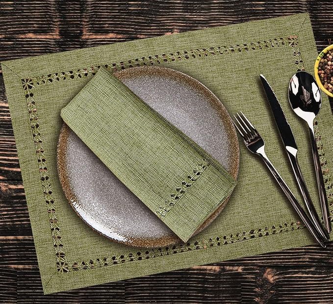 Grelucgo Set of 4 Handcrafted Solid Sage Green Color Dining Table Place-mats, Double-Hemstitched, Rectangular 12 x 18 Inch