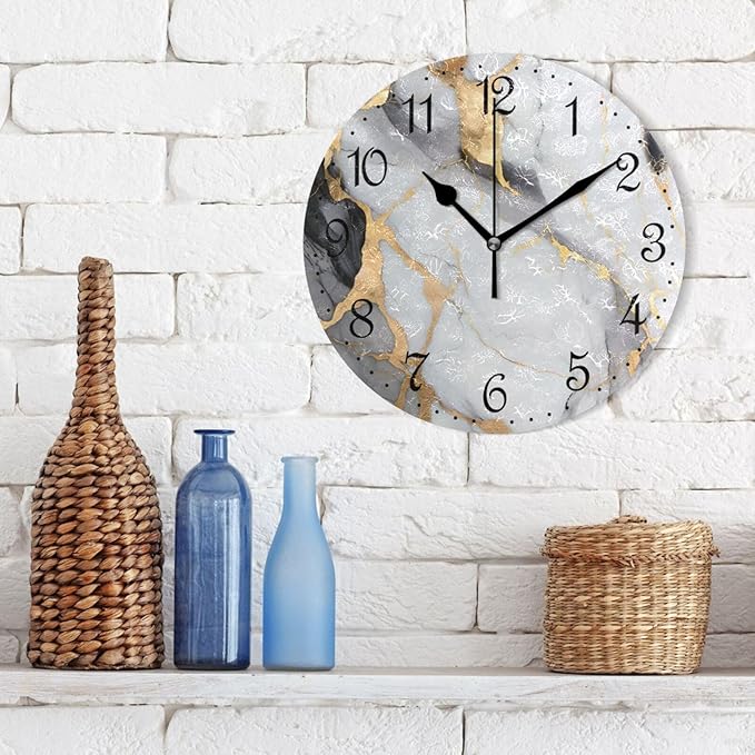 ALAZA Wall Clock Gold Marble White Black Silent Non-Ticking Decorative Wall Clocks Battery Operated 10 Inch for Home Living Room Kitchen Bathroom Bedroom