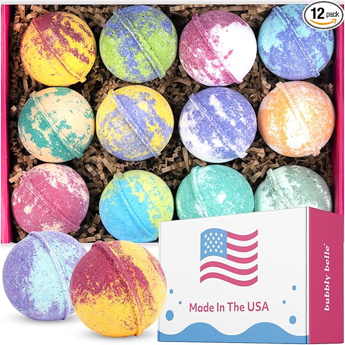 Bath Bombs XL Gift Set, 12 USA Made Extra Large Handmade Aromatherapy Fizzies with Epsom Salt and Kaolin Clay, Vegan for Women, Men, Kids