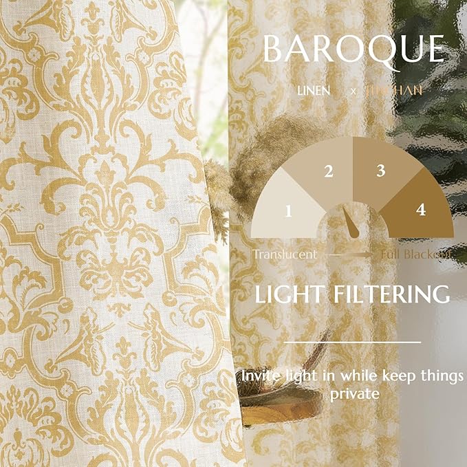 jinchan Light Filtering Curtains, 90 Inch Length 2 Panels Set, Linen Blend Drapes for Bedroom, Vintage Damask Patterned Curtains, Grommet Top Mustard Yellow on Flax
