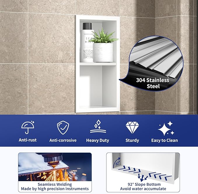 Shower Niche, 304 Stainless Steel Shower Stool for Bathroom, Recessed Shower Footrest w/Over Mount Installation, No Tile Needed (Matte White, 12.3''x6'')
