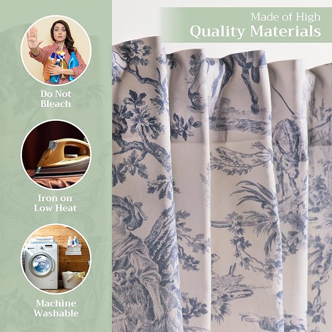Maison d' Hermine Curtains for Living Room 100% Cotton 124 inch Length One Panel Light Filtering Toile Curtains for Bedroom Windows with Rod and Loop Pockets Drapes (The Miller Denim, 50" W x 124" L)