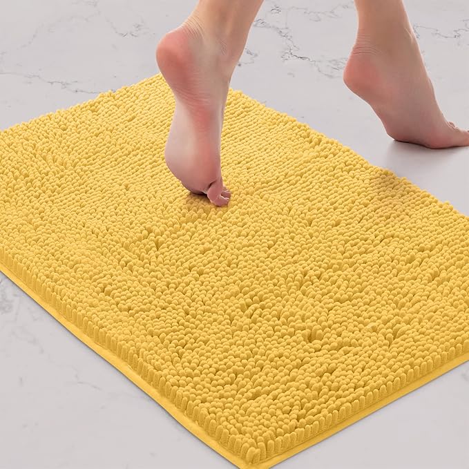 LuxUrux 2 piece Bathroom Rug Set - Premium Plush Bath Mat Shower Rugs, 1" Chenille Microfiber, Non-Slip & Absorbent, Soft & Cozy, Durable Stylish (20x30 & 16x24 inches, Yellow)