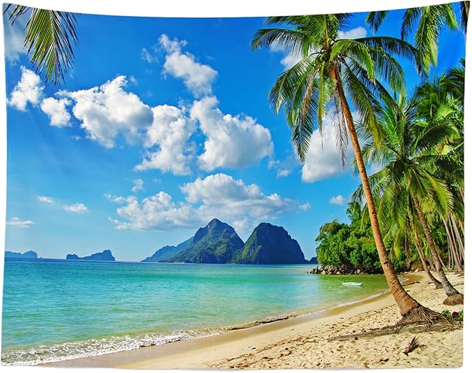 Loccor Ocean Beach Tapestry Tropical Seaside Island Palm Trees Waves Wall Tapestry Summer Hawaii Paradise Landscape Wall Hanging Hippie Bohemian Wall Art for Living Room Bedroom Home Decor(60x40 Inch)