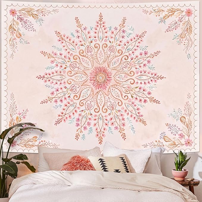 Lunerfex Floral Mandala Tapestry Boho Tapestry for Bedroom Pink Tapestries Wall Hanging Living Room Wall Art and Home Decor 60x80