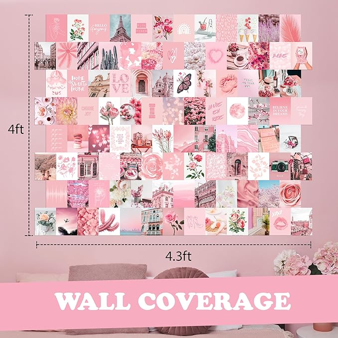 Artivo Pink Aesthetic Wall Collage Kit,100 Set 4x6 inch,Room Decor for Teen Girls,Pretty Blush Pink Wall Art Print,Dorm Photo Collection,Small Posters for Room Aesthetic