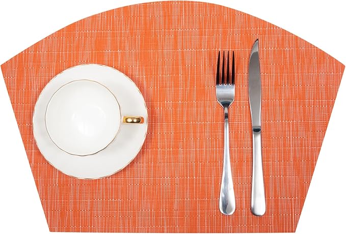 SHACOS Small Round Table Placemats Set of 4 Wedge Placemats Heat Resistant Woven Vinyl Table Mats Wipe Clean (4, Orange)