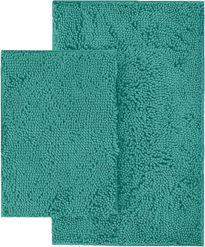 LuxUrux Chenille Bath Mat Set, Turquoise, Extra-Soft Plush Bath Rug, 16'' x 24'' + 20'' x 30'', Super Absorbent, Non-Slip Backing, 2 Piece