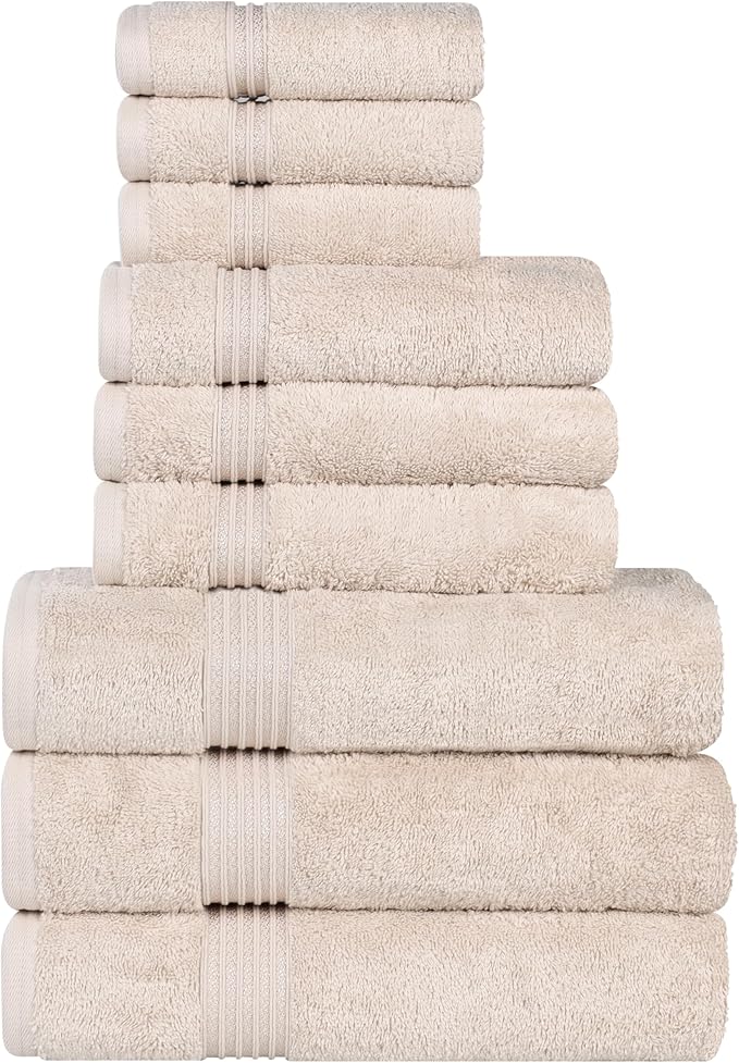 Superior Egyptian Cotton 9-Piece Towel Set, Assorted Towels for Home Bathroom, Master, Guest Bath, Decor Essentials, Includes 3 Bath, 3 Hand, 3 Face Towels/Washcloths, Quick Dry, Absorbent, Stone