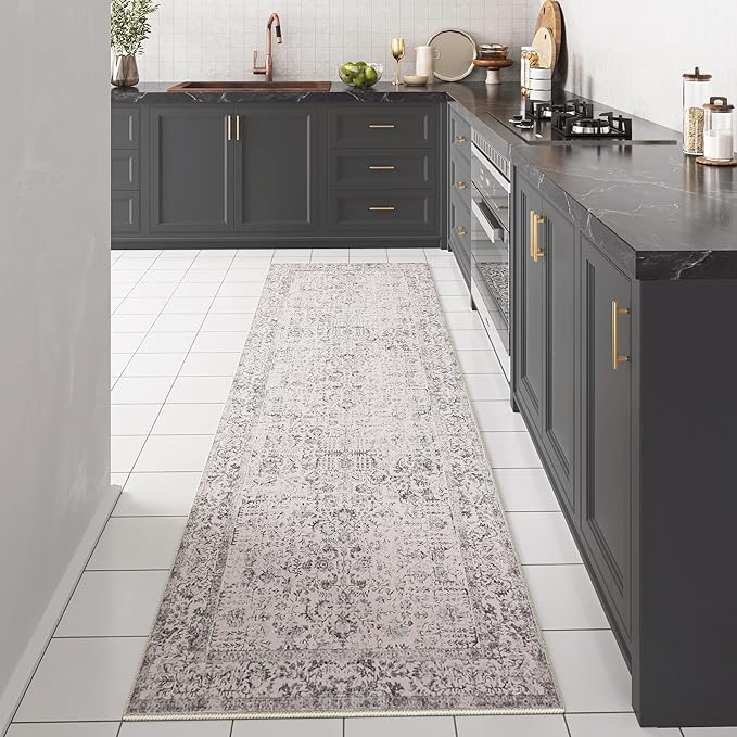 Gray Runner Rug 2x7 Hallway Machine Washable Kitchen Vintage Distressed Non Slip Long Carpet Indoor Grey Retro Floral Bedroom Accent Throw Rug for Bathroom Office Laundry Dining Living Room