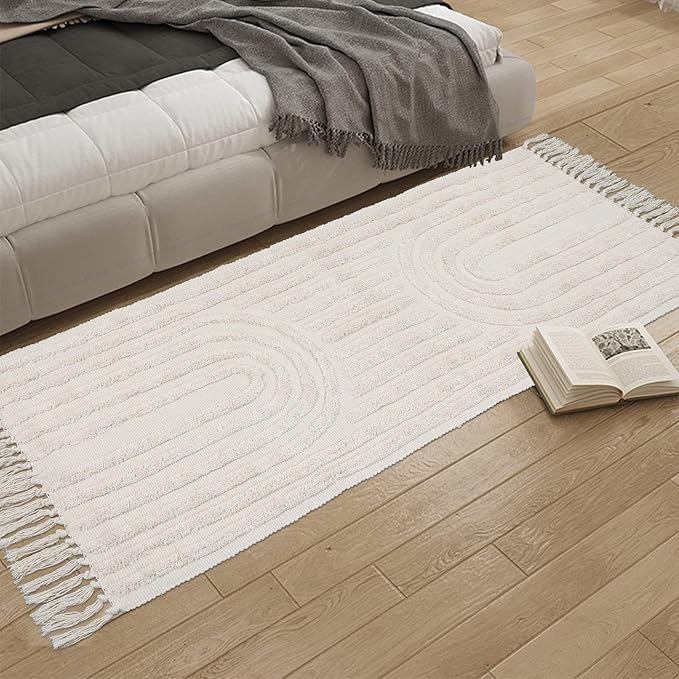 LEEVAN Boho Runner Rug Washable 2'x5' Woven Beige Cotton Farmhouse Kitchen Rugs with Tassels Bohemian Rainbow Hallway Accent Rug for Bedroom/Bathroom/Laundry or Living Room