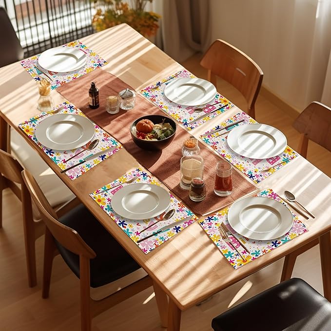 Happy Birthday Placemats Set of 6,Washable Heat Resistant 12×18 Inch Linen Table Mats Birthday Party Place Mats for Party Outdoor Dining Décor