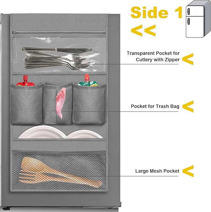 homyfort Mini Fridge Organizer, Over The Fridge Storage Organizer with 14 Pockets, College Dorm Fridge Storage for Office, Kitchen, Home, School, Gray