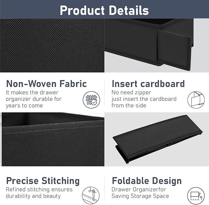 DIMJ Drawer Organizer Clothes - Underwear Organizer Sock Closet Organizers and Storage Box Dresser Organizer, Drawer Dividers for Baby Clothes, Bra, Socks, Belt, Tie, Set of 9, Black