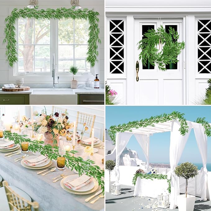 RECUTMS Artificial Willow Leaves Garland 2 Pcs Fake Hanging Vines Plants Artificial Silk Ivy Greenery 6.5 Ft Faux Evergreen Wreaths for Wedding Indoor Outdoor Garden Party Table Decor (Light Green)
