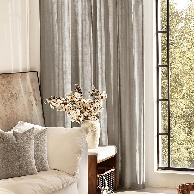 Taupe Linen Curtains 90 inches Long for Living Room Back Tab Rustic Farmhouse Semi Sheer Light Filtering Window Curtain Dining Room Soft Thick Flax Linen Textured Drapes Burlywood Birch Dark Brown