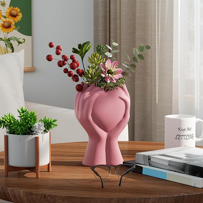 8 Inch Heart Hand White Ceramic Vase - Unique Modern Aesthetic Flowers Vase for Living Room Bedroom Office Kitchen Table Centerpiece or Shelf Decor - Gifts for Wedding Bridal Shower Women Mom (Pink)