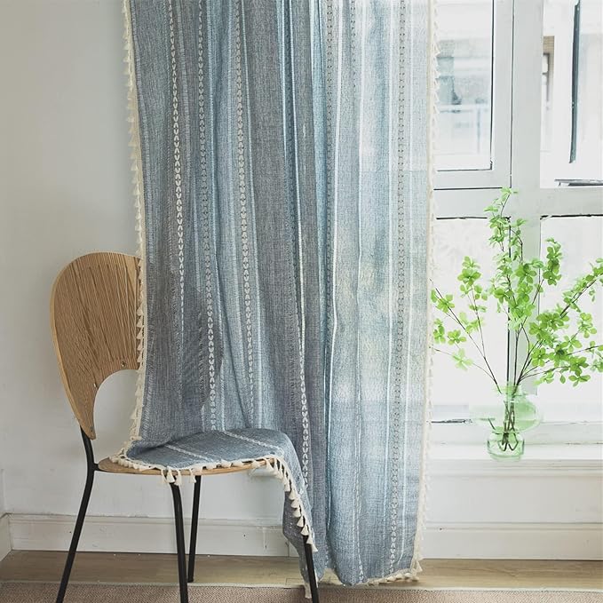 Sutuo Home Blue Boho Curtains 120 inches Long for Bedroom Living Room Nursery Room, Semi Blackout Linen Farmhouse Tassels Window Treatment Bohemian Embroidery Drape, Rod Pocket 1 Panel 52" W x 120" L