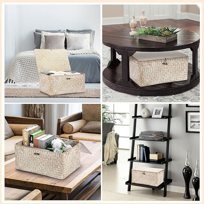 Hipiwe Wicker Woven Baskets Bin with Lid Natural Seagrass Basket Storage Bin Rectangular Household Basket for Shelf Wardrobe Home Decor, Whitewash, X-Large