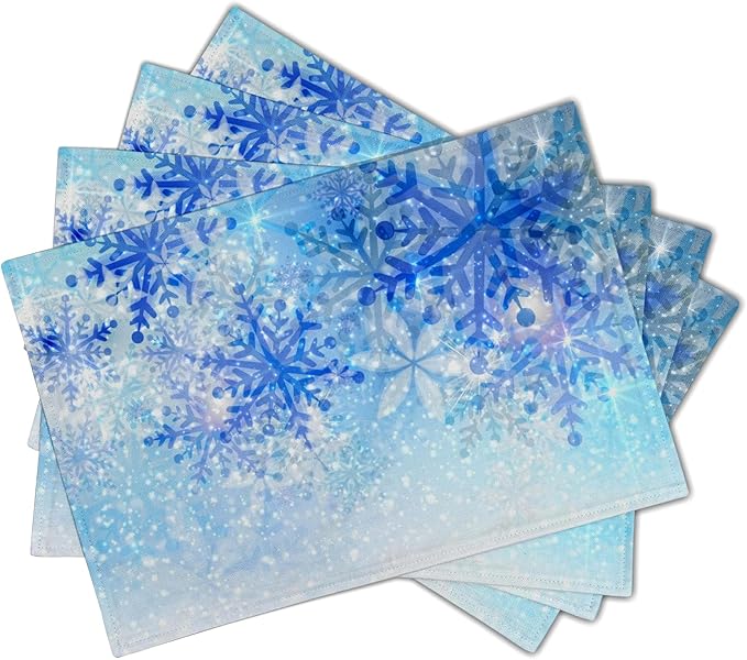 Giwawa Christmas Snowflake Placemats, White Blue Falling Crystal Nature Ice Table Mat, Winter Snow Place Mats Set of 4 for Kitchen Dining Decor, 12"x18", Heat Resistant Non-Slip