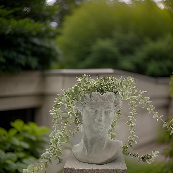Greek Statue Head Cement Planter - Unique Sculpture Plant Pot for Indoor Outdoor Home Garden Decor (9")