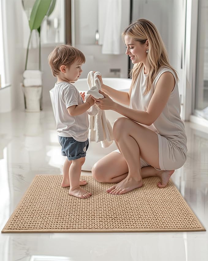 Color&Geometry Chenille Pile Small Bathroom Rugs Upgraded Denser, 16"x24" Non Slip Absorbent Beige Bath Mats for Bathroom Thin Fit Under Door, Washable Quick Dry