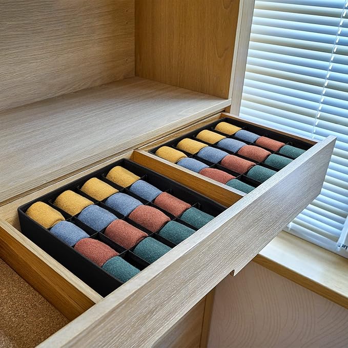 Joyoldelf Sock Drawer Organizer Divider, 16-cell Underwear Organizers and Storage Fabric Drawer Organizer for Socks, Lingerie, Handkerchiefs, Ties Black, 2 Packs