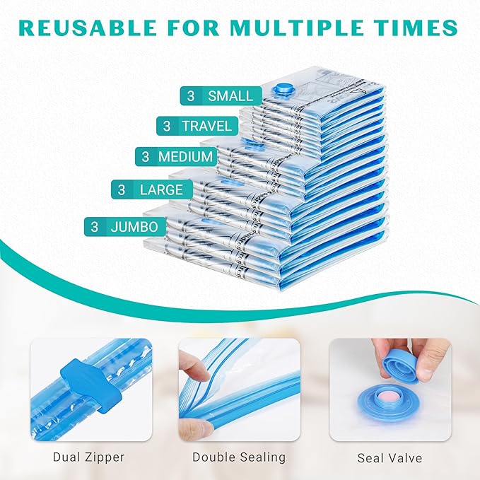 15 Pack Vacuum Storage Bags 80% Space Saver Vacuum Seal Bags for Clothing Compression for Comforters Blankets Travel Luggage Clothes with Hand Pump(3 Jumbo/3 Large/3 Medium/3 Small/3 Roll)
