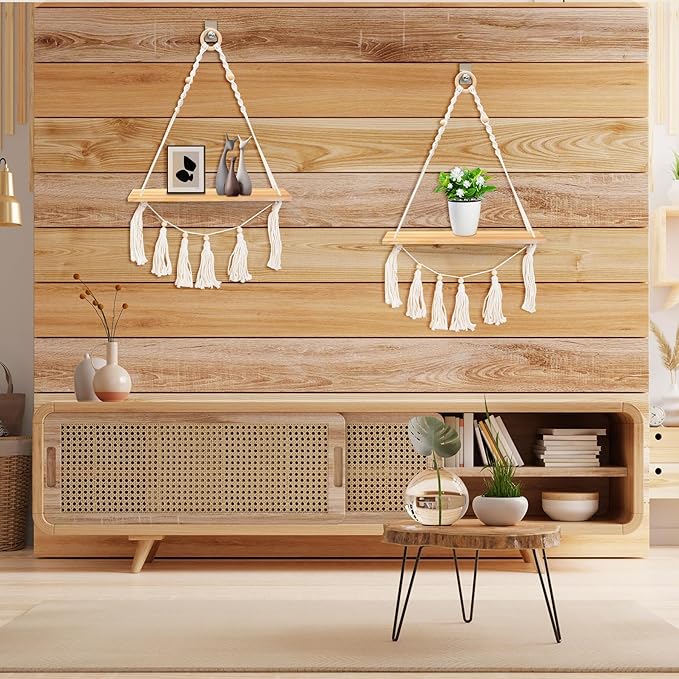 Macrame Wall Hanging Shelves,Boho Decor Floating Shelves Set of 2,Wood Floating Shelves for Wall No Drilling for Plants Photos,Women Girls Bedroom Decor,Living Room (Wooden Two-Pack)