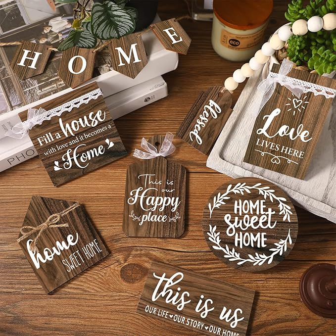 Set of 11 Farmhouse Tiered Tray Decor Rustic Home Tiered Tray Decorations Set Home Wooden Signs Farmhouse Tabletop Wood Signs for Kitchen Table Shelf Decor